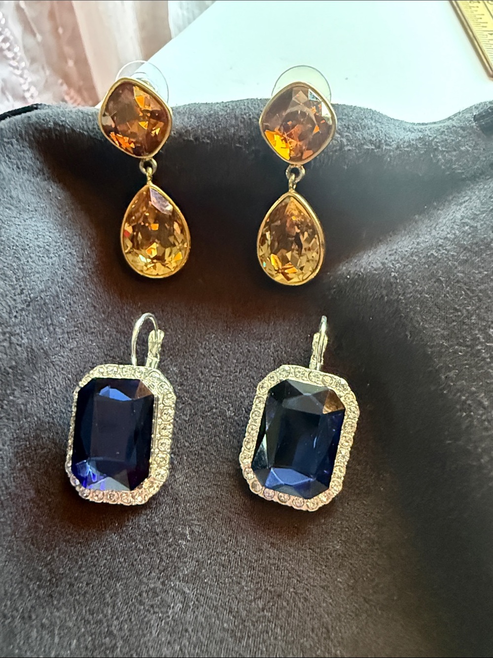 Gold Amber Teardrop and Navy Crystal Drop Earrings - Unbranded $9. Each
